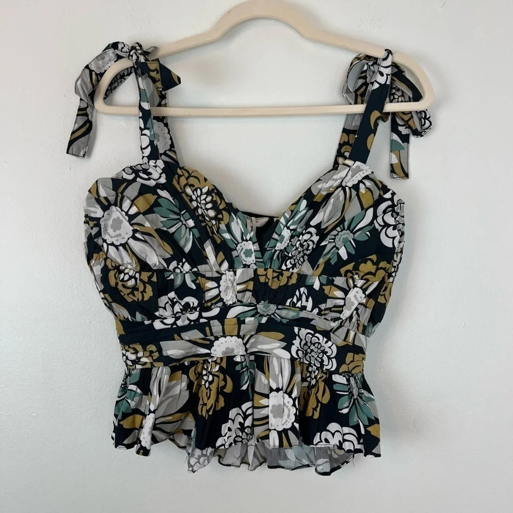 Anthropologie Bold Floral Peplum Crop Top Navy XS Spring Feminine Colorful